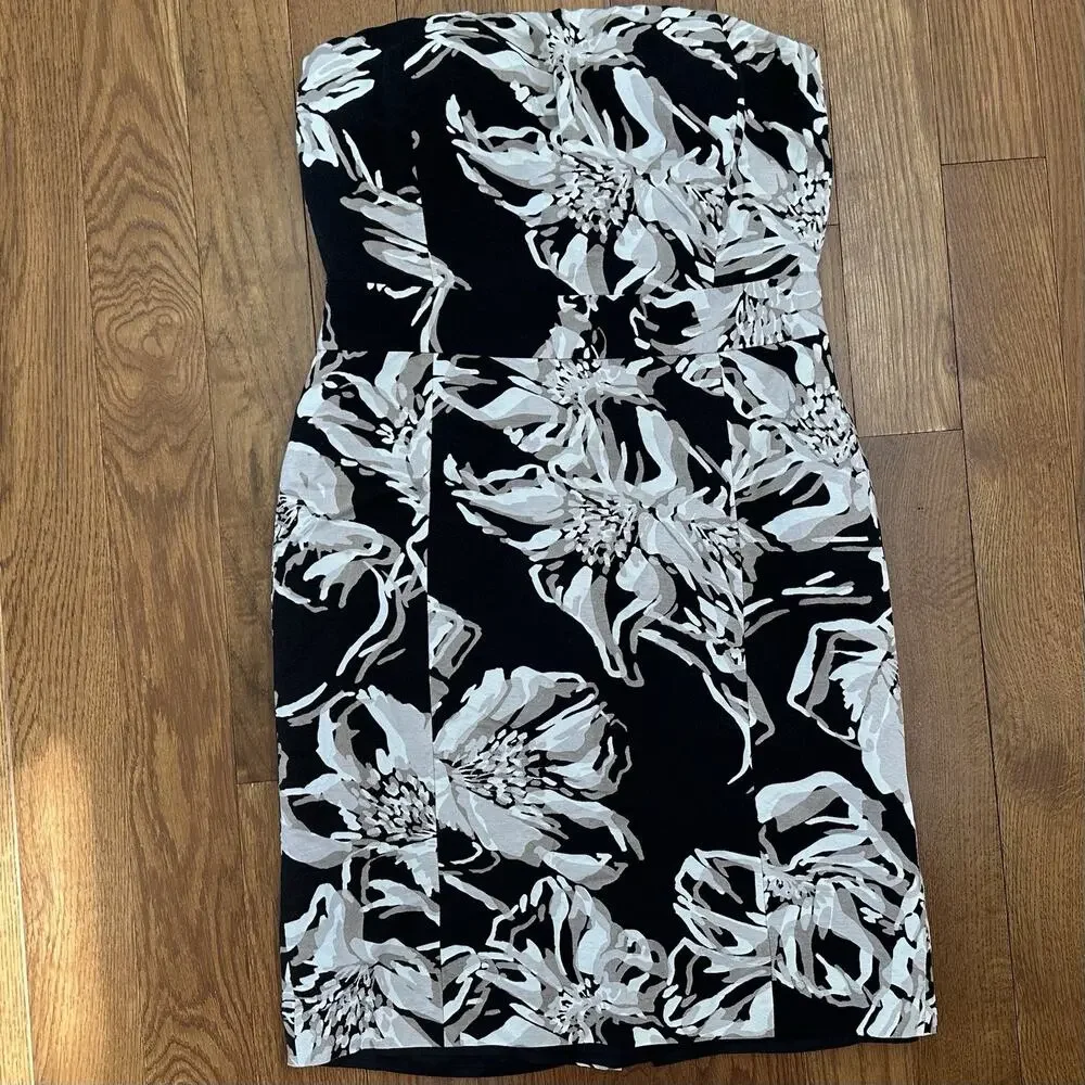Banana Republic Dress Womens Sz 8 Black Beige Floral‎ Linen Sheath Strapless